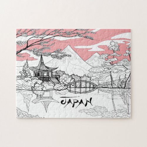 Line Painting of Japanese Temple Lake Mountain Jigsaw Puzzle