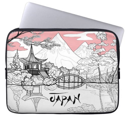 Line Painting of Japanese Temple Lake Mountain Laptop Sleeve