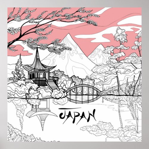 Line Painting of Japanese Temple Lake Mountain Poster
