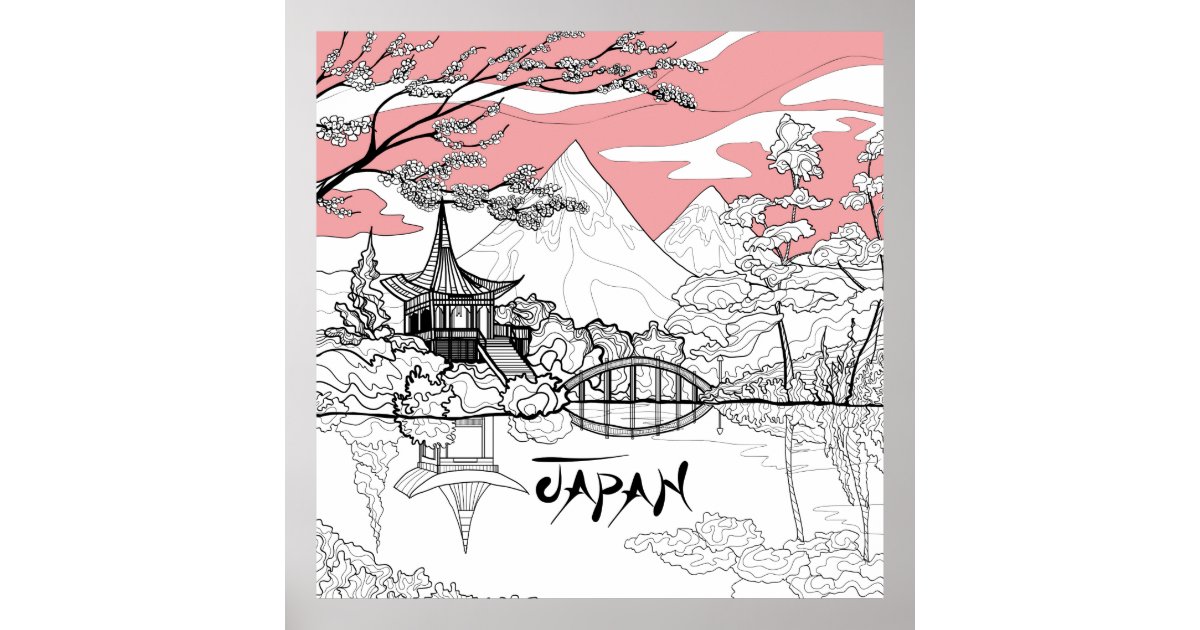 Line Painting Of Japanese Temple Lake Mountain Poster Zazzle Com