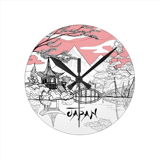 Line Painting of Japanese Temple Lake Mountain