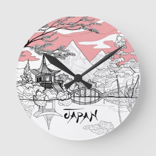 Line Painting of Japanese Temple Lake Mountain Round Clock