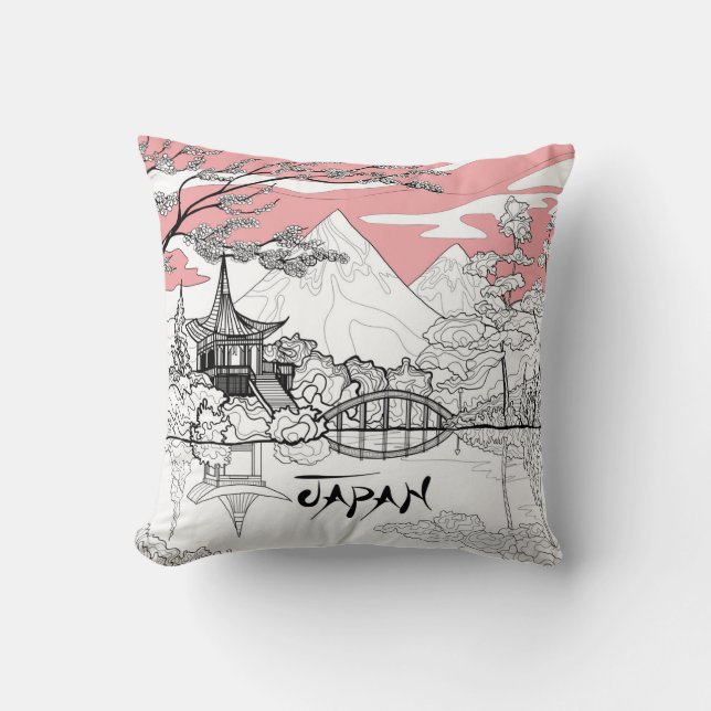 Line Painting of Japanese Temple Lake Mountain Throw Pillow (Front)