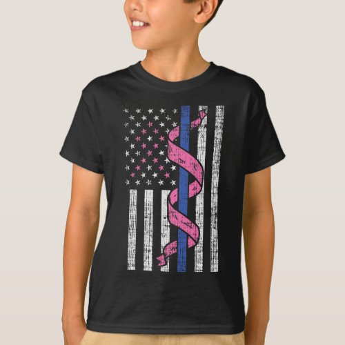 Line Police Us Flag Pink Ribbon Breast Cancer Awar T_Shirt