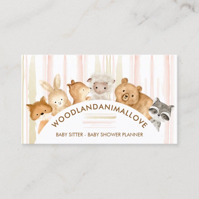 Line Watercolor Pattern Forest Animals Baby Sitter Business Card