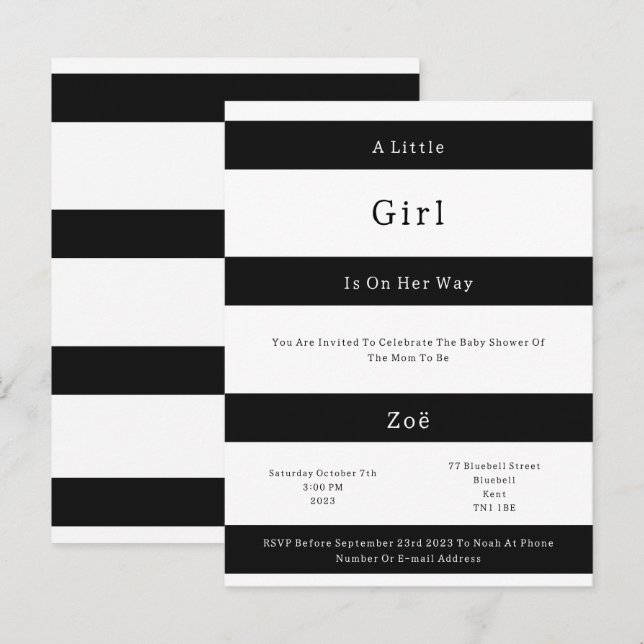 Linear Chic Black And White Stripes Baby Invite (Front/Back)