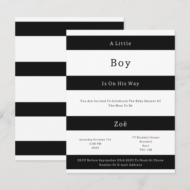 Linear Chic Black And White Stripes Baby Invite Br (Front/Back)