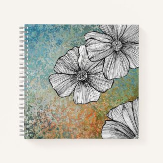 Linear Floral Drawing on Abstract Design Notebook
