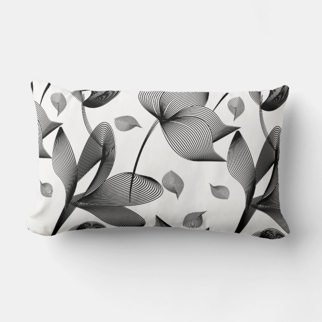 Linear lily flower in black and white pattern lumbar pillow (Front)