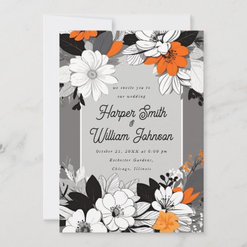 Lineart floral black white orange wedding invitation