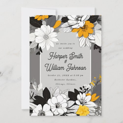 Lineart floral black white yellow wedding invitation