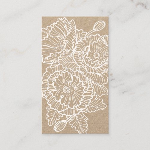 Lineart flowers poppies white on kraft paper business card