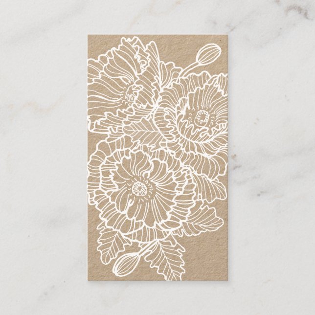 Lineart flowers poppies white on kraft paper business card (Front)