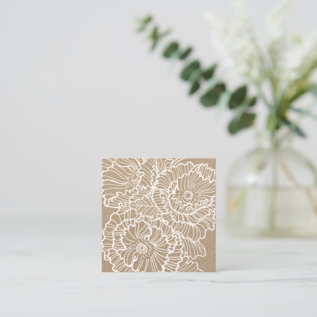Lineart flowers poppies white on kraft paper square business card (Standing Front)