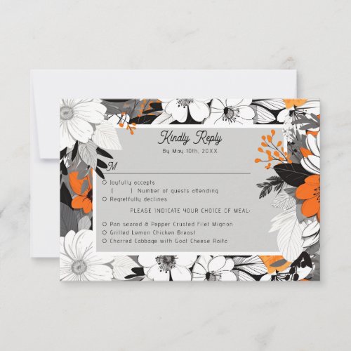 Lineart monochrome flowers meal choices RSVP card