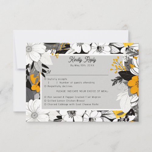 Lineart monochrome flowers meal choices RSVP card