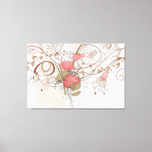 Lineart Vintage Pink Floral Wrapped Canvas Print (Front)
