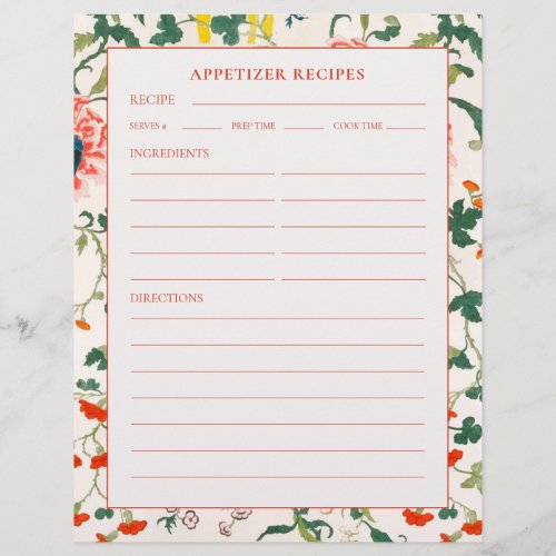 Lined Appetizer Recipe Page  Blooming Floral
