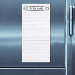 Lined Baby Shower Blue Magnetic Notepad<br><div class="desc">A Magnetic notepad featuring a pale aqua diaper pin/safety pin and space for your baby's name. If you're playing What Baby Needs baby shower game,  this is the notepad to use</div>