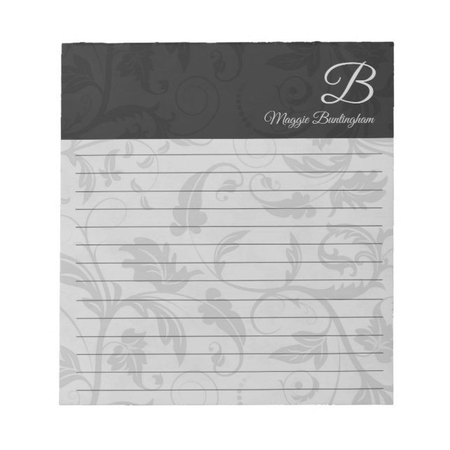 Lined Black Damask with Name and Monogram Notepad (Front)