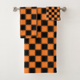 Lined Checkered Orange and Black Bath Towel Set