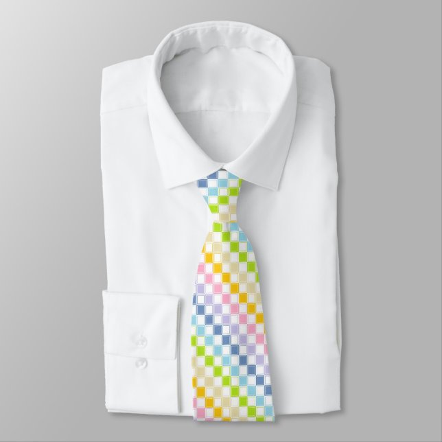 Lined Checkered Pastel Rainbow White Neck Tie (Tied)