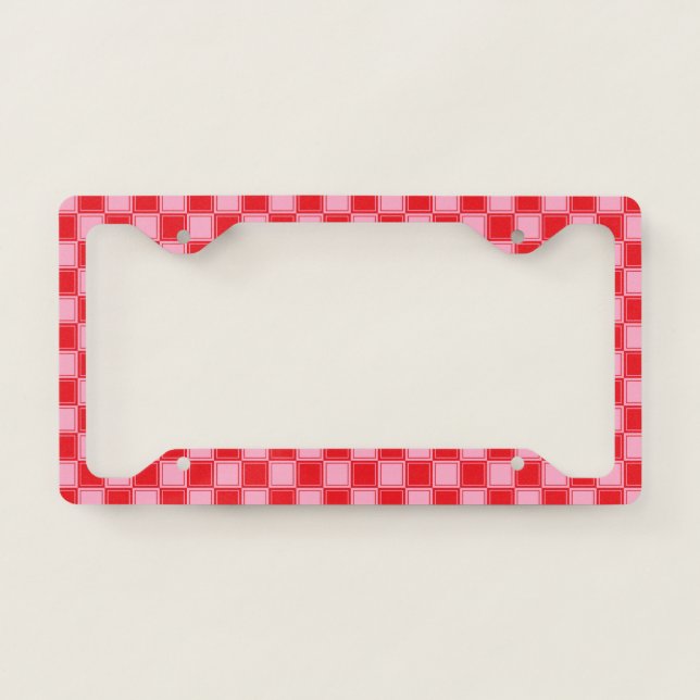 Lined Checkered Pink and Red License Plate Frame (Front)