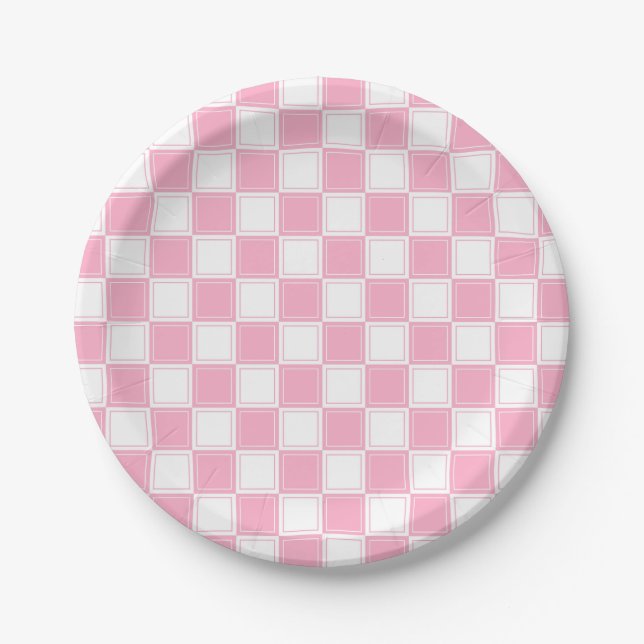 Lined Checkered Pink and White Paper Plates (Front)