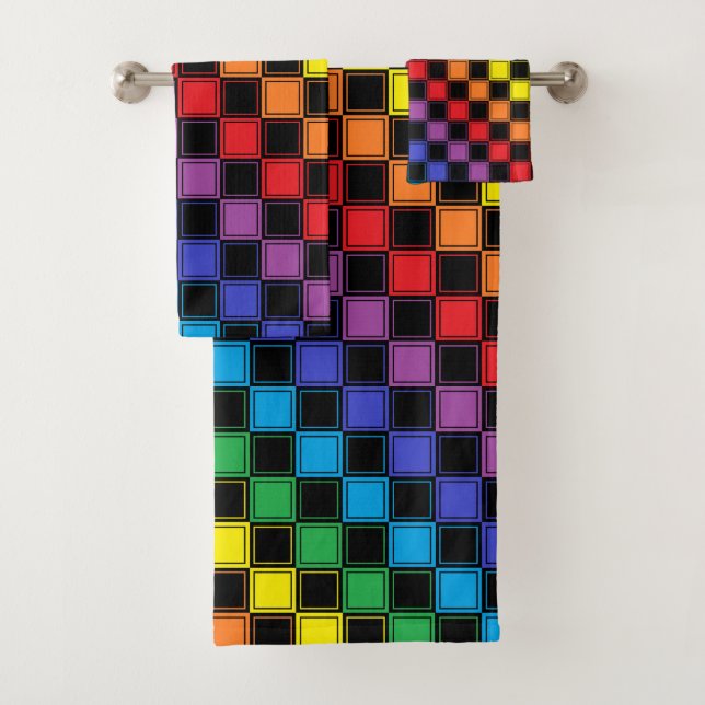 Lined Checkered Rainbow and Black Bath Towel Set (Insitu)