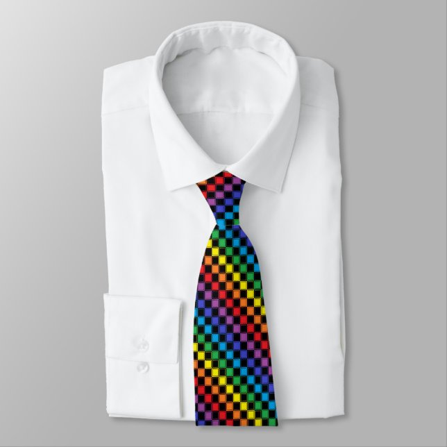 Lined Checkered Rainbow and Black Neck Tie (Tied)