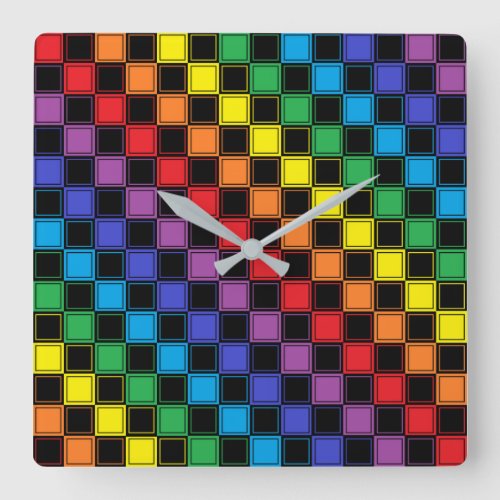 Lined Checkered Rainbow and Black Square Wall Clock