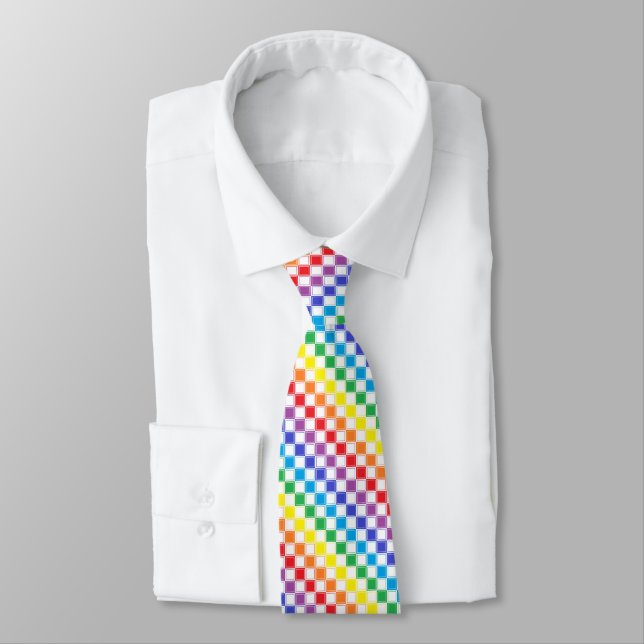 Lined Checkered Rainbow and White Neck Tie (Tied)