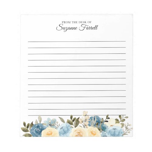 Lined From the Desk of Name Watercolor Blue Floral Notepad