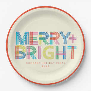 Lined Merry + Bright holiday typography Paper Plates