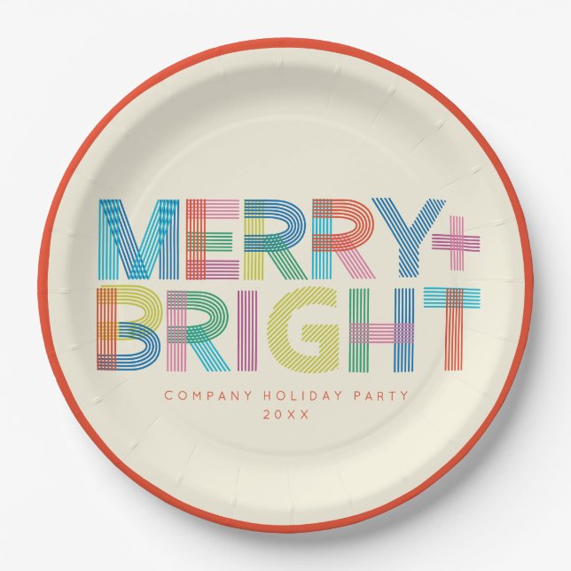 Lined Merry + Bright holiday typography Paper Plates (Front)