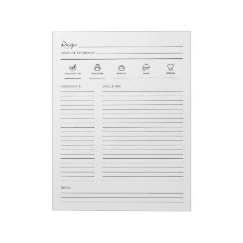 Lined Minimalist Modern Recipe Sheet Cookbook Page Notepad