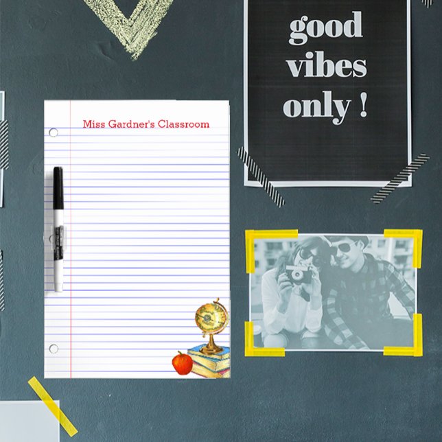 Lined Paper & Globe Teacher Classroom Personalized Dry Erase Board (Creator Uploaded)