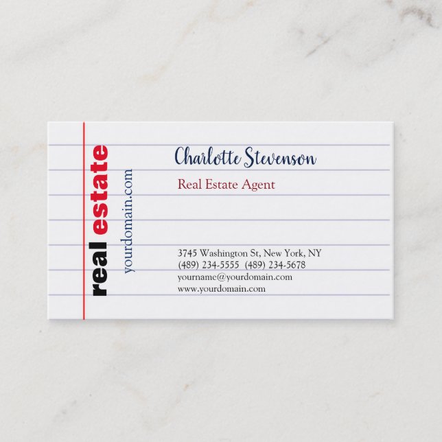Lined Paper Real Estate Agent Modern Plain Business Card (Front)