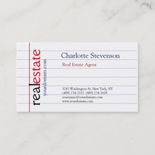 Lined Paper Real Estate Agent Modern Plain Business Card