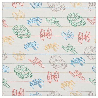 Lined Paper Spaceship Doodle Pattern Fabric