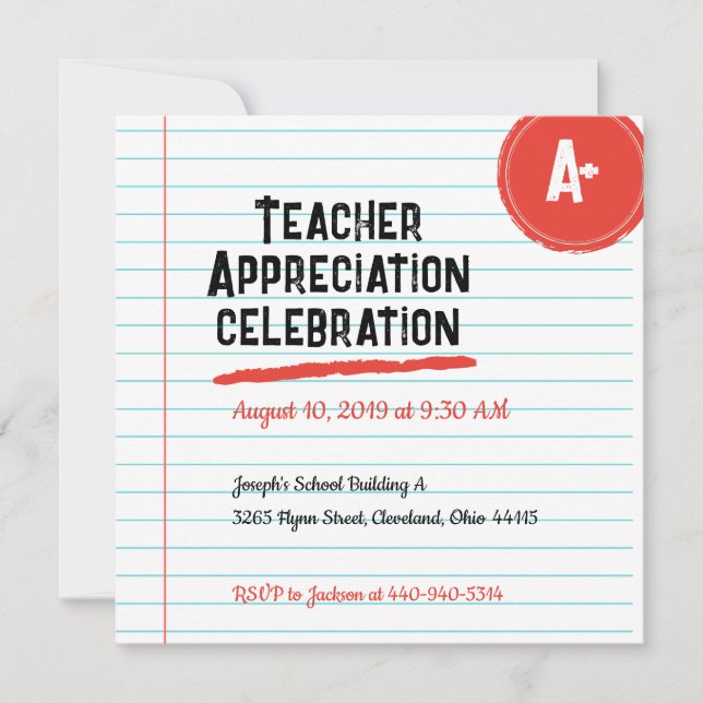 Lined Paper Teacher Appreciation Thank You Card (Front)