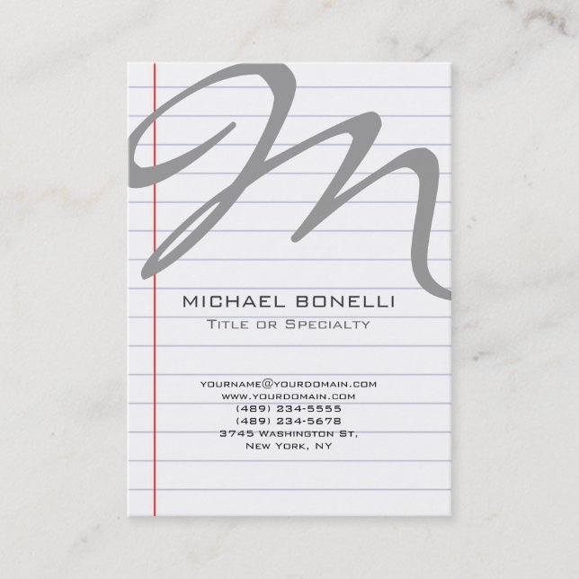 Lined paper vertical grey monogram business card (Front)
