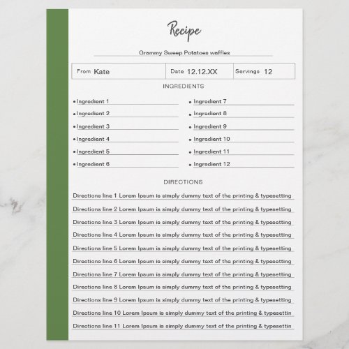 Lined Recipe Pages Green in letter format Fillable