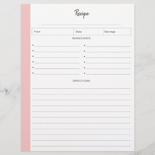 Lined Recipe Pages in Blush letter format