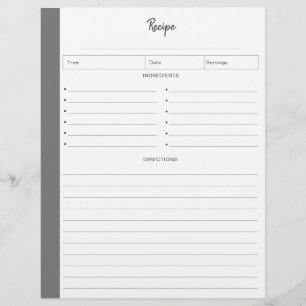 Lined Recipe Pages in Grey letter format