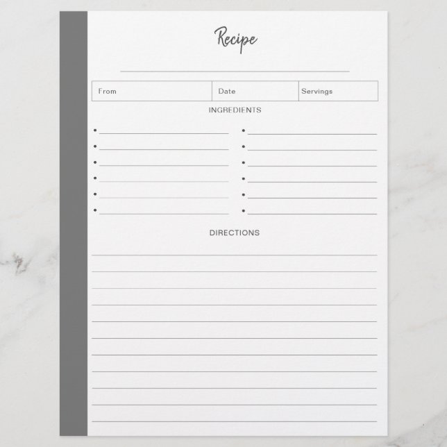 Lined Recipe Pages in Grey letter format (Front)