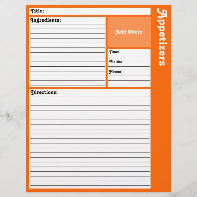 Lined Recipe Pages (Orange) (Front)