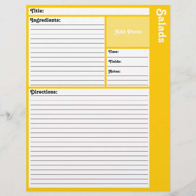 Lined Recipe Pages (Yellow) (Front)
