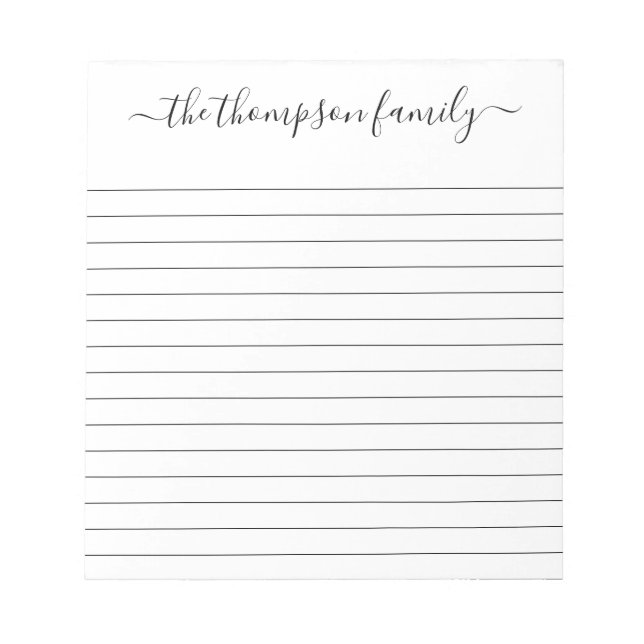 Lined Simple Black White Script Family Name Notepad (Front)