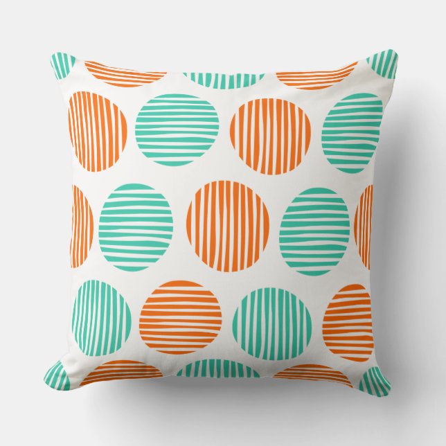 Lined Spots 190917 - Orange and Aqua on White Throw Pillow (Front)